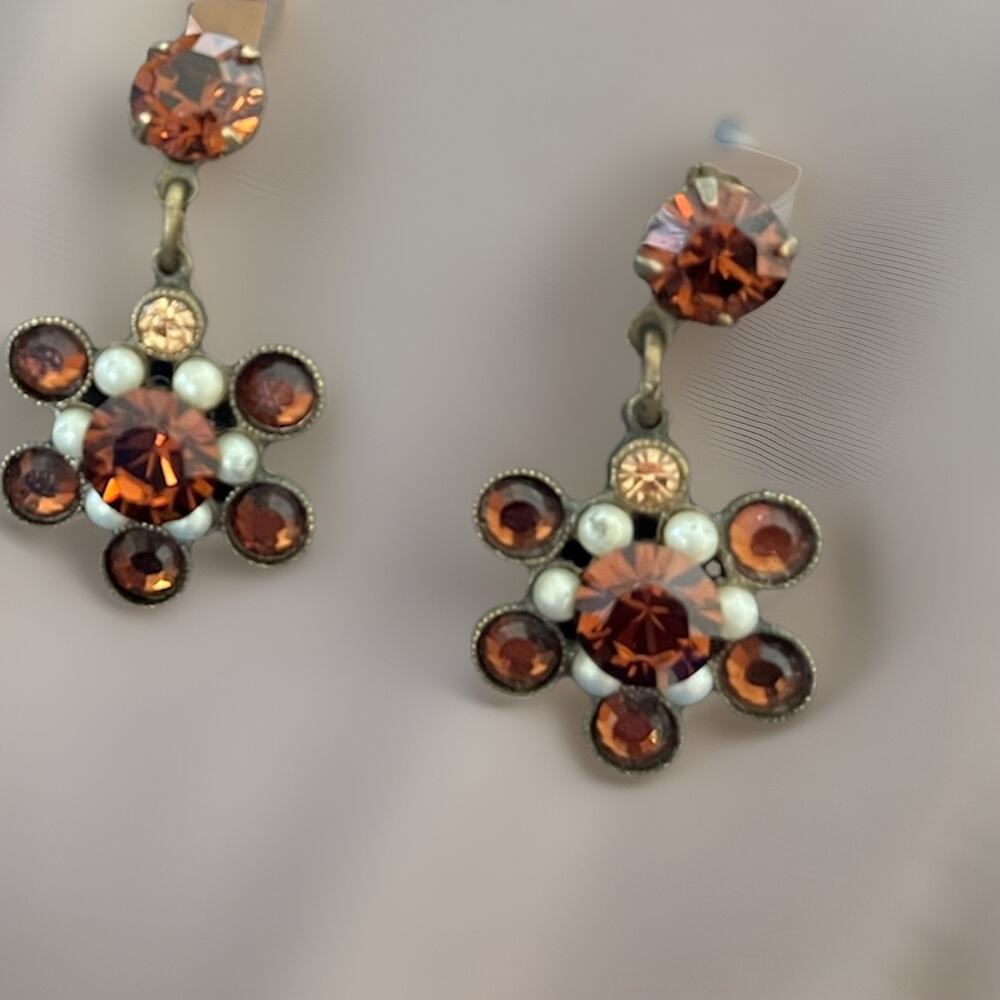 VTG Mary Demarco La Contessa Amber Pearl Rhinestone Crystal Drop Earrings